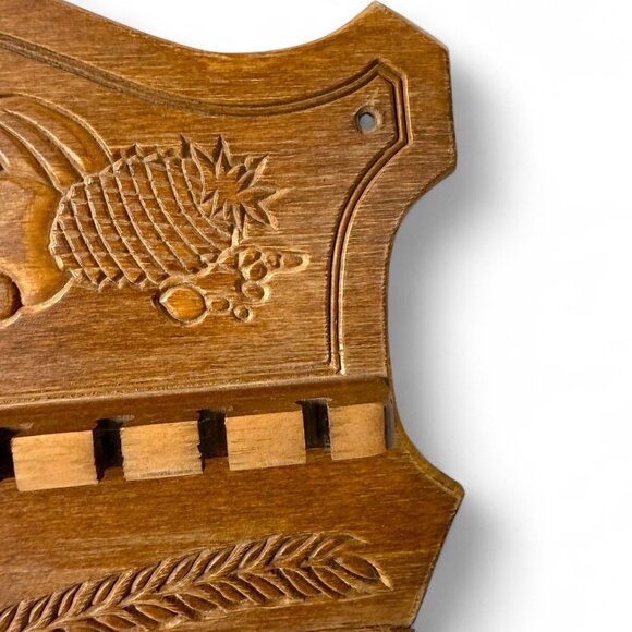 Vintage Carved Wooden Spoon Rack – Cornucopia Fruit & Wheat Sheaf - Farmhouse - Picture 4 of 6